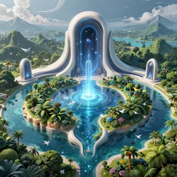 Mythical Island at the center of the Universe, magical sparkling lake, Rainforest, birds eye, vista view, Majestic interstellar portal fortress gateway, Huge futuristic Temple city, Great Leviathan Turtle, Cephalopod, hybrid Cthulhu Squid, Solar Flare, William-Adolphe Bouguereau, Michael Cheval, peter mohrbacher, michael whelan, kay sage, digital art, airbrush, art nouveau, intricate, clear, looming, epic, depth, artstation, Ultra Detail, blender, Unreal Engine, octane render, vray, 8k