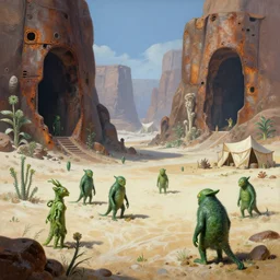 chrome mutant waydroids visit rusted cave mouths in the salt dunes, plants, ancient world, matte oil painting, speleothems, merchant tents, canyons, science fantasy, rpg, epic, extremely detailed, sharp focus, 4 k