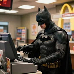 film still of Batman working as a cashier at McDonalds in the new batman movie, 4k