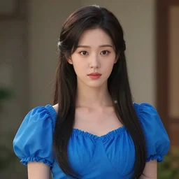 a close up of a person wearing a blue dress, a character portrait by an gyeon, cgsociety, fantasy art, movie still, anime, official ar