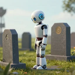 a robot stands sadly in front of a grave, side view, octane render, 8 k by james jean, ayami kojima, justin gerard, craig mullins