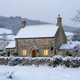 an english two - story stone house in winter snow, farmland, hills, 1 8 5 9, soft lighting from windows, by thomas kinkade
