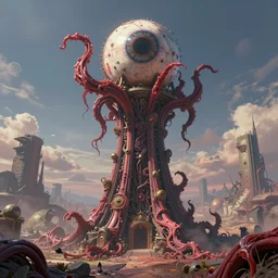 lovecraftian biomechanical machine-tower with fleshy tendrils and eyeball at top overlooking dystopian wasteland, highly detailed, colorful with red hues