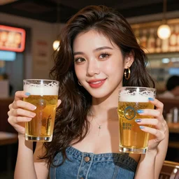 detailed ultra - realistic graphic novel illustration agents smersh, beautiful cute and attractive pretty girl holds two glasses of beer, colorful