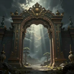 Mystical Ornate Tibetan Archway To The Glade of Forgotten Fears, Concept Art, Artstation, Epic Atmosphere, Anamorphic Lens, Cinematic Lighting