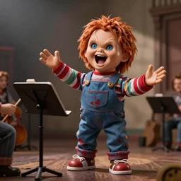handsome and well dressed screaming chucky doll conducting an orchestra