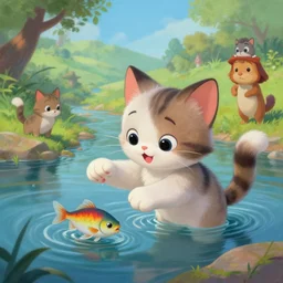a painting of a cute kitten at a river catching fish. disney character design by cory loftis, fenghua zhong, ryohei hase, ismail inceoglu and ruan jia. volumetric light, detailed, rendered in octane
