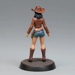 80mm resin detailed miniature of a cow girl, Short brown leather jacket, ten-gallon hat,  over-knee boots, navel, olive thigh skin, on textured disc base; Miniature product Introduction Photos, 4K, Full body; View from behind