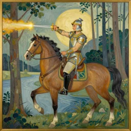 beautiful painting of mounted king with firing sword painted by ivan bilibin, forest and river, illustration, stylized, moderne, art deco