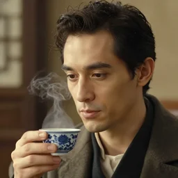 agent smith holding a small steaming china cup of tea, romanticism style, detailed facial proportions