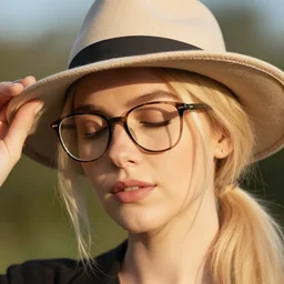 a very beautiful still of a beautiful white blonde - haired woman with a pony tail and state - of - the - art glasses leaning her hat slightly sidewards, golden hour, eyes closed front shot very close - up hyper detailed eyes, hyper detailed hair