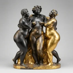 black pearl and gold sculpture of three beautiful sensual obese black figures embracing each other in ecstasy, climax, museum artifact