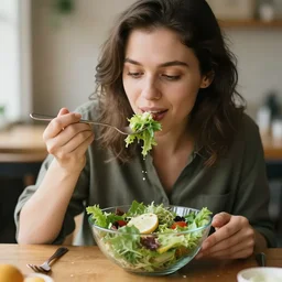 a stock image of a lady eating a salad