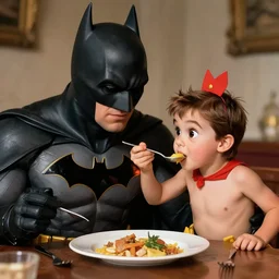 a photorealistic batman eating robin with a spoon