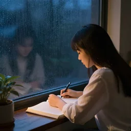 a girl stuyding at night infront of rainy window