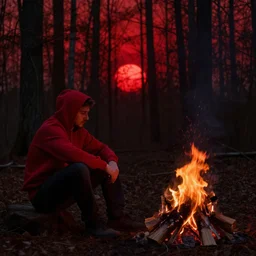 a dark photo of a man in a red hoodie sitting next to a campfire in blood red forest, red sun in the background, low contrast
