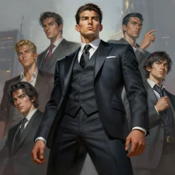 concept art of stunning man wearing suit, low angle, highly detailed painting by dustin nguyen, akihiko yoshida, greg tocchini, greg rutkowski, cliff chiang, 4 k resolution, trending on artstation, 8 k