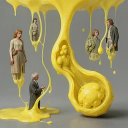 human mitosis by greg rutkowski and gil elvgren and norman rockwell and michal karcz and magali villeneuve and gerald brom, chiaroscuro!!, solarpunk, postminimalism, opaque yellow liquid, floating, tendrils, ooze, hyperrealism, surrealism
