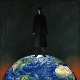a giant standing over the earth, style of beksinski