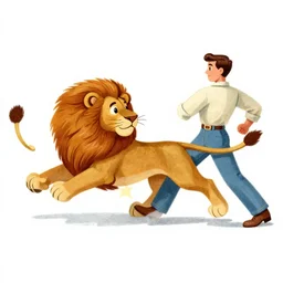 matchbox vintage illustration of a lion running after a man