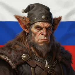 legendary orc in a hat with earflaps, russian flag on the background, highly detailed, d & d, fantasy, highly detailed, digital painting, trending on artstation, concept art, sharp focus, illustration, global illumination, ray tracing, realistic shaded, art by artgerm and greg rutkowski and fuji choko and viktoria gavrilenko and hoang lap