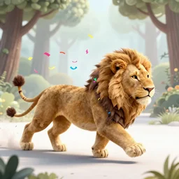 long shot lion chasing the dream in the magical forest, lion fur made from party ribbons floating party confetti and balloons , concept art, huge scale, high details, intricate by Dali and James Jean