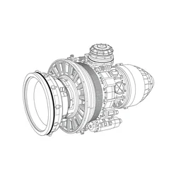 b & w technical drawing of a sci - fi plasma engine, top view, sharp detail, line art