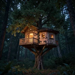 an award winning photograph of a treehouse in the woods at night, unreal engine, octane render, lumion, architectural, concept art, hyper detailed, perfection, dramatic lighting