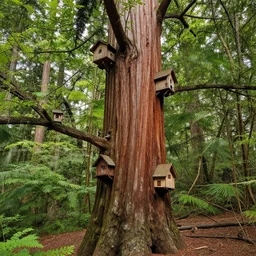 the redwoodtree is a fantasy citty for squirrels with little houses in the tree and the branches. 4