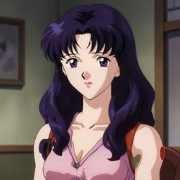 close portrait. interior bg. screenshot of a scene in neongenesisevangelion of miss katsuragi misato painted by norman rockwell. character designed by hideaki anno. long shoulderlength wavy! dark purple hair. 1 9 9 0 s attire. composition. digital. trending on artstation. masterpiece. lighting by james gurney.
