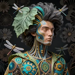cinema 4d colorful render, organic, dark scene, ultra detailed, of a man's with large hair. biomechanical, analog, macro lens, hard light, big leaves and large Dragonflies, stems, roots, fine foliage lace, turquoise gold details, high fashion haute couture, art nouveau fashion embroidered,  intricate details, mesh wire, mandelbrot fractal, anatomical, facial muscles, cable wires, elegant, hyper realistic, in front of dark flower pattern wallpaper, ultra detailed
