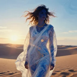 filmstill photography of female body silhouette covered with curly white translucent blanket blowing in wind, acrylic liquid colors, luxurious supermodel photoshooting, golden jewelry, bokeh, godrays, strong wind, wrinkles, sunrays, sunset, lens flares, monet, renoir, cold colors, digital illustration, art noveau, liquid marbling painting, sand dunes