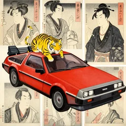 a red delorean with a yellow tiger, art by hsiao - ron cheng and utagawa kunisada in a magazine collage, # de 9 5 f 0