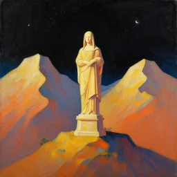 statue in the mountains, the striking night sky and stars, simple elegant mountains on a beautiful sky, an abstract set of large shapes, colorful, warm contrasting colors, painterly, detailed painting of a landscape, extremely high detail, brush strokes, top view, black background, illustration by ross tran and leonardo da vinci