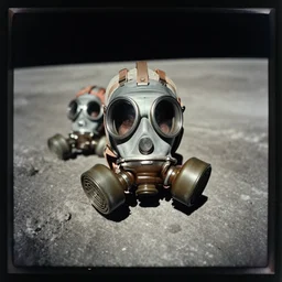 a tintype photo, first photo of the moon surface from the 7 0 s, they have gas masks, 8 k, colorized photo