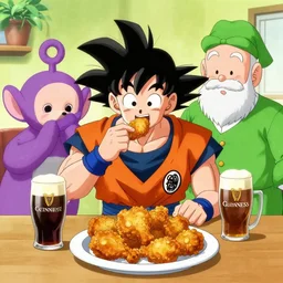 goku eating fried chicken and guinness beer with the teletubbies and a irish man