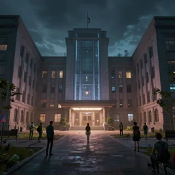 photo environement cyberpunk 2 0 7 7 university : 4, 4 k rtx hdr volume light concept studio matte painting environement digital illustration style artstation artur tarnowski, mihai muscan, marcin tomalak, marta leydy, marcin stepien, charlotte hughes, zuzanna dabrowa