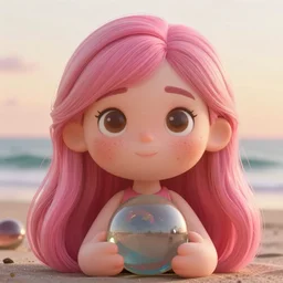 Render of a beautiful 3d marbles with long pink hair, hazel eyes, cute freckles, full round face, golden hour, serene beach setting, medium shot, mid-shot, hyperdetailed, trending on Artstation, Unreal Engine 4k