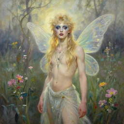 faerie male glam rocker on flowering bog. gouache fairytale art, russian romanticism, muted palette, backlighting, depth of field.
