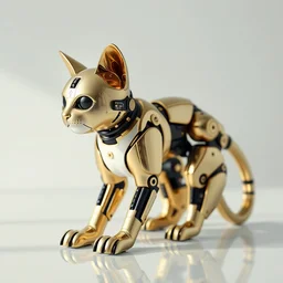 by chris mastree, a modern cybernetic cat made from gold porcelain and black steel, insane reflexions, pastel colored, daylight, peaceful, 8 k, ambient occlusion, octane render