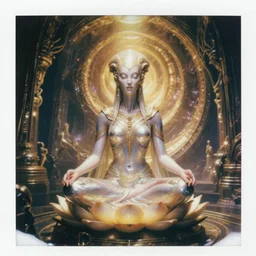 cinematic masterpiece polaroid portrait of glistening opalescent elegant queen empress xenomorph alien goddess meditating lotus position, inside ominous glowing alien temple shrine incubator. in the style of aliens, by denis villeneuve, weta workshop, james cameron, h. r. giger, beautiful octane render, extremely intricate, golden spiral composition, dramatic atmosphere, matte painting