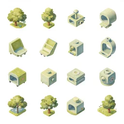 isometric sprite sheet of park items in gouache detailed paintings rotated left rotated right props stylised