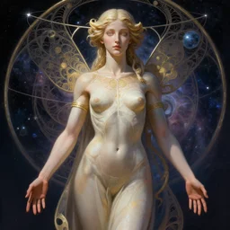 goddess of space and time, accurate anatomy, only two hands, highly detailed, digital painting, artstation, concept art, smooth, sharp focus, illustration, Unreal Engine 5, 8K, art by sakimichan and greg rutkowski and alphonse Mucha