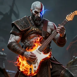 kratos shredding on a flaming stratocaster guitar guitar, cinematic render, god of war 2 0 1 8, santa monica studio official media, lightning, stripe over eye, hands