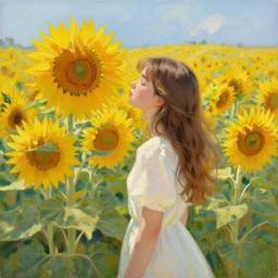 a beautiful painting of the sea of sunflowers, girl, by greg rutkowski, trending on artstation