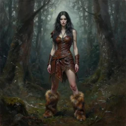 savage woman, clothed in brown leather, fur boots, long hair, unwordly, beautiful, ghostly forest, by steven henderson, oil painted