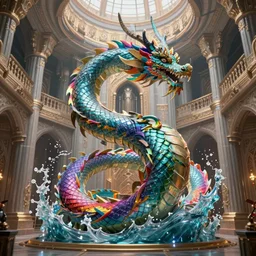 colorful Ouroboros water dragon floating around inside an ancient mage castle hall colossal scale, gothic and baroque, brutalist architecture, ultradetailed, intricate details by Ellen Jewett and Ayami Kojima