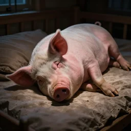 hyper realistic image of a pig sleeping in his bed it night