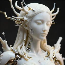 hyper detailed ultra sharp portrait of a beautiful well contoured porcelain ivory smooth fair subconscious god book of the dead, up close shot, sharp focus, global illumination, radiant light, biomechanical white silver gold rhizomorphs, cyberpunk brackets, alexandre ferra white mecha, irakli nadar, alexander mcqueen, octane highly render, 4 k, ultra hd,