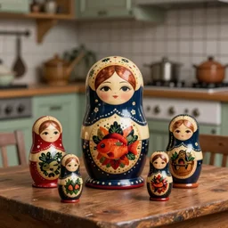 closeup matryoshka in old table in old ussr kitchen, by nicoletta ceccoli, mark ryden, lostfish, max fleischer, depth of field, detailed and intricate environment, 8 k resolution, hyperrealistic, octane render, no human